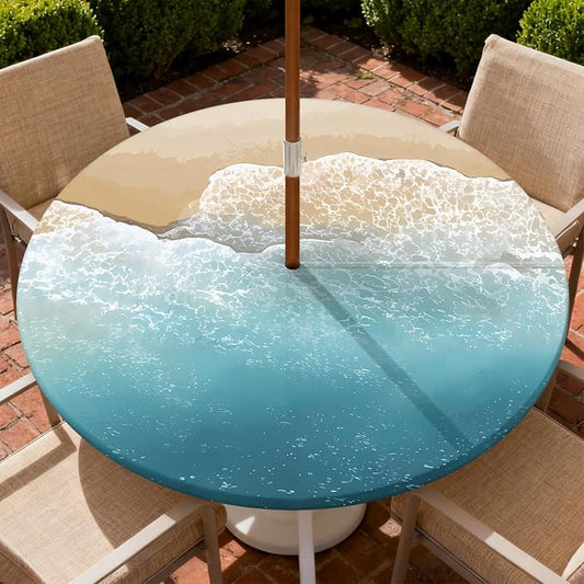 Outdoor Tablecloth with Umbrella Hole and Zipper Fits 53-60" Tables | Waterproof Round Fitted Tablecloth with Elastic Edge, Wipeable Outdoor Table Cover for Patio, Garden, Picnic