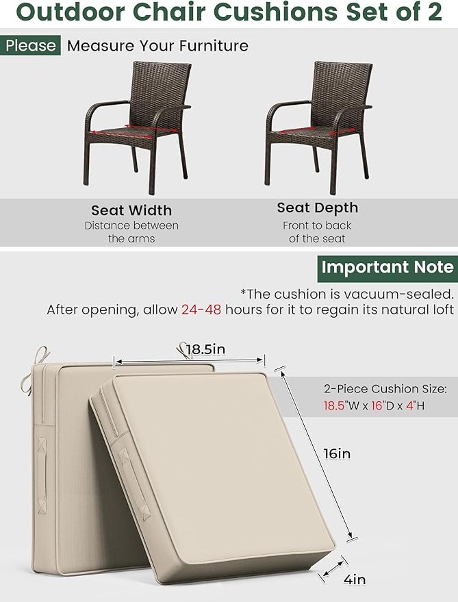 Outdoor Chair Cushion 18.5 x 16 x 4 Inches Patio Furniture Outdoor Waterproof Seat Cushion, Patio Chair Cushion with Handles and Ties, Square Dining Chair Cushion Set of 2, Cream