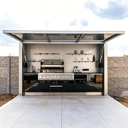 Prefab Outdoor Kitchen Pod Kits with Roof, Luxury Modular Island with Sink, Grill, Storage Cabinet, Burners, Refrigerator, Backyard Patio Cooking Station
