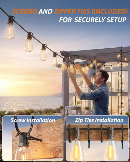 Outdoor String Lights 80FT, 50+4 Shatterproof Bulbs ST38, 1.5FT Spacing, IP65 Waterproof | Dimmable with Remote, Heavy-Duty, Include Screw & Zip Ties for Patio Backyard Holiday Outside
