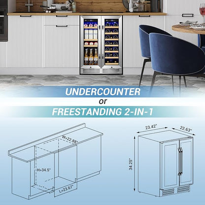 Velivi Wine and Beverage Refrigerator Under Counter, 24 Inch Beverage Fridge Dual Zone with Glass Door, Built In Beverage Cooler with Increase Capacity Space, Advanced Cooling System
