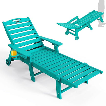 Ciokea Lounge Chair Outdoor, Oversized Chaise Lounge Chair with 5 Positions, HDPE, Patio Lounge Chair with Wheels & Cup Holder for Pool, Deck, Poolside, Lake Blue