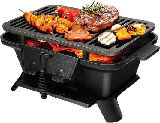 ORALNER Cast Iron Hibachi Grill, Portable Tabletop Grill with Double-Sided Grill Net, 2 Heights, Air Control & Coal Door, Small Outdoor BBQ Charcoal Grills, for Camping, Picnic