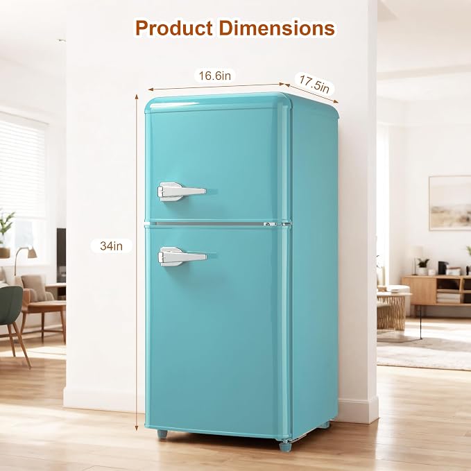Retro Mini Fridge with Freezer 4.0 Cu. Ft, Small Refrigerator with 7 Level Adjustable Thermostat, Compact Classic Dual Door Fridge Removable Glass Shelves for Apartments, Dorm, Office, Mint Green | 7 Level Adjustable Thermostat, Compact Classic Dual Do...