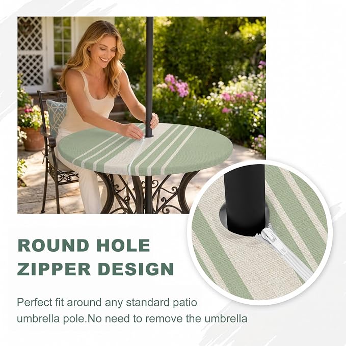 Outdoor Fitted Tablecloth with Umbrella Hole and Zipper, Sage Green Beige Striped Elastic Round Patio Table Cover, Farmhouse Retro Lines Modern Table Protector for Backyard BBQ Party 31''-35''