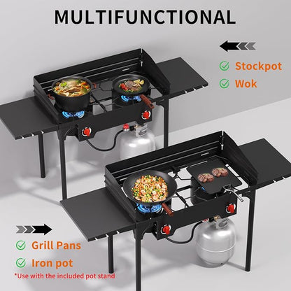 SKOK 2 Burners Camping Propane Stove with Wind Panel&Side Shelves, Portable Gas Stove, Outdoor Stove for Camping, Backyard, Picnic