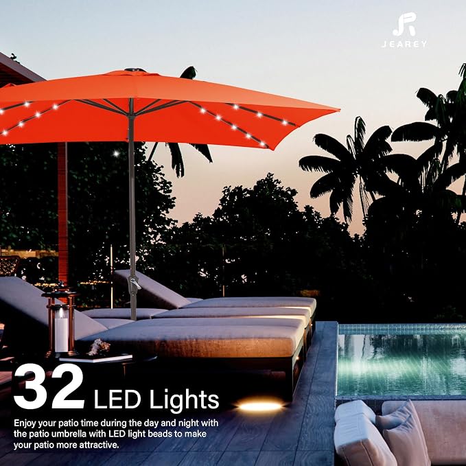 JEAREY 8x10' Rectangle LED Lighted Umbrella Patio Umbrella Outdoor w/Crank | Solar Market Umbrellas with 8 Sturdy Ribs, UV Protection Waterproof Sunproof for Pool, Deck, Backyard(Orange)