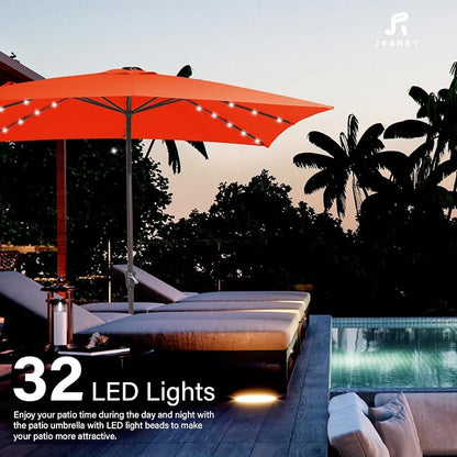 JEAREY 8x10' Rectangle LED Lighted Umbrella Patio Umbrella Outdoor w/Crank | Solar Market Umbrellas with 8 Sturdy Ribs, UV Protection Waterproof Sunproof for Pool, Deck, Backyard(Orange)