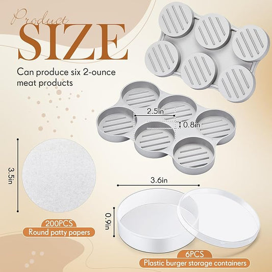 Reallnaive Mini Burger Press with 200 Patty Papers and 6 Storage Containers 6 Slots Meat Sausage Patty Maker Paper Sheets Set for Small Burger Barbecue, Make 6 Pieces at Once