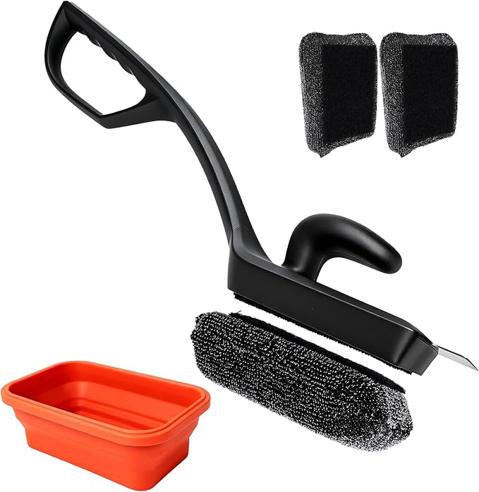 Bristle-Free Silicone BBQ Grill Brush - No Wire Risk, Fast Burnt Grease Removal - 3 Detachable Heads, 2 Extra Replacements, Collapsible Water Cup & Scraper for Gas, Charcoal, Cast Iron Grates