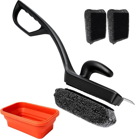 Bristle-Free Silicone BBQ Grill Brush - No Wire Risk, Fast Burnt Grease Removal - 3 Detachable Heads, 2 Extra Replacements, Collapsible Water Cup & Scraper for Gas, Charcoal, Cast Iron Grates