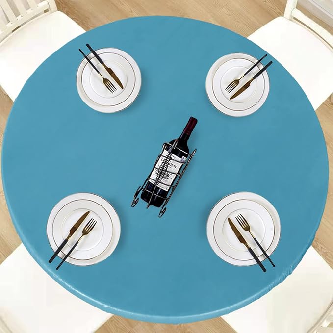 LUSHVIDA Round Waterproof Table Cover Elastic Vinyl Fitted Tablecloth Elastic Edged Plastic Table Cloth (Teal, Best for Up to 45"-56" Round)