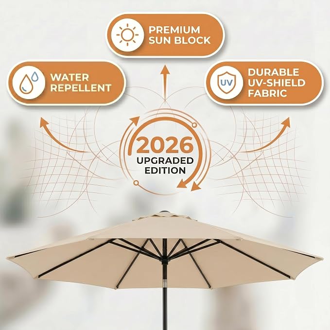 Greesum 9FT Outdoor Patio Umbrella, Table Umbrella for Yard, Market, Heavy-Duty Waterproof Pool Umbrella with 8 Sturdy Ribs, UV Protection for Beach, Deck, Garden, Backyard
