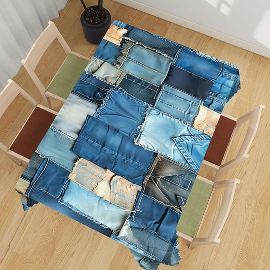 Denim Patchwork Table Cloth Vintage Romance Indigo Rectangle Polyester Table Cloths Kitchen Table Cover for Dining BBQ Picnic Coffee Table 52 x 70 Inch 4-6 Seats