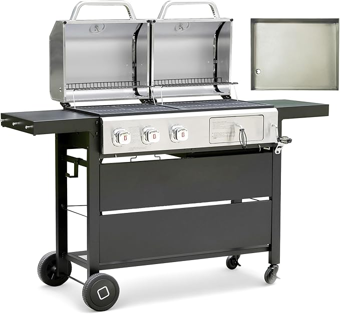 Flintex Propane Gas and Charcoal Grill Combo with Griddle Pan & Porcelain-Enameled Cast Iron Grates, Dual Fuel BBQ Grill for Outdoor Events & Backyard Barbecue, 720 SQIN Cooking Area