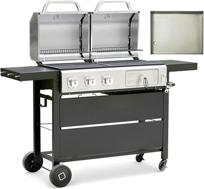 Flintex Propane Gas and Charcoal Grill Combo with Griddle Pan & Porcelain-Enameled Cast Iron Grates, Dual Fuel BBQ Grill for Outdoor Events & Backyard Barbecue, 720 SQIN Cooking Area