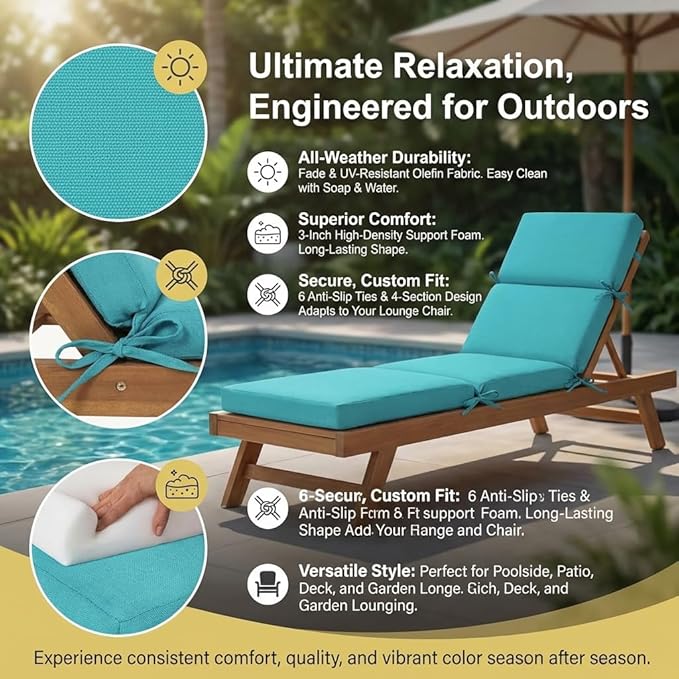 3" Solid Outdoor Lounge Chair Cushion, 74 x 22.5 inch Weather Resistant Chaise Lounge Cushion with 6 Ties for Patio Pool Furniture