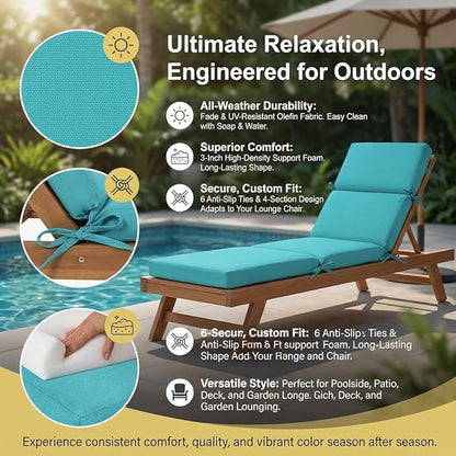 3" Solid Outdoor Lounge Chair Cushion, 74 x 22.5 inch Weather Resistant Chaise Lounge Cushion with 6 Ties for Patio Pool Furniture
