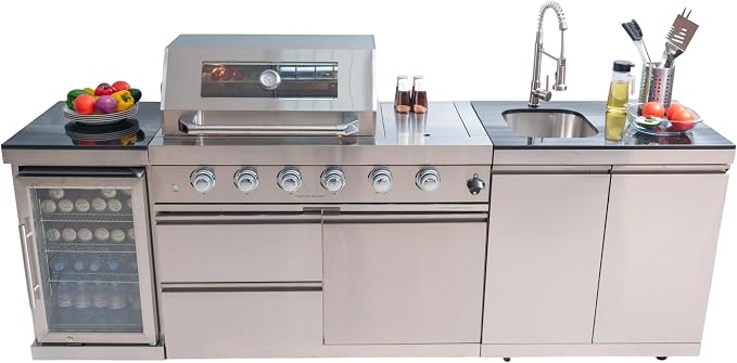 Modular Outdoor Kitchen BBQ Island, Outdoor Kitchen Propane Gas Island Grill with Sink, Compact Refrigerator, Storage Cabinets, Rotisserie Kit (Silver, 98")