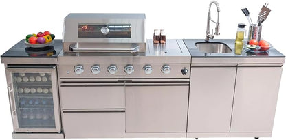Modular Outdoor Kitchen BBQ Island, Outdoor Kitchen Propane Gas Island Grill with Sink, Compact Refrigerator, Storage Cabinets, Rotisserie Kit (Silver, 98")
