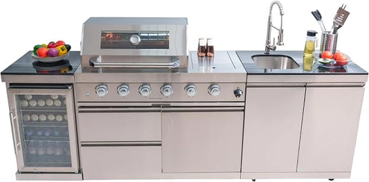 Modular Outdoor Kitchen BBQ Island, Outdoor Kitchen Propane Gas Island Grill with Sink, Compact Refrigerator, Storage Cabinets, Rotisserie Kit (Silver, 98")