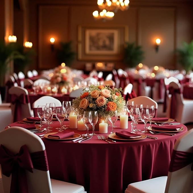 8 Pack Burgundy Round Tablecloth 90 Inch | For 3Ft-5Ft Round Table, Wrinkle Resistant Table Cloth, Washable Polyester Fabric, For Wedding Party Banquet Buffet Camping