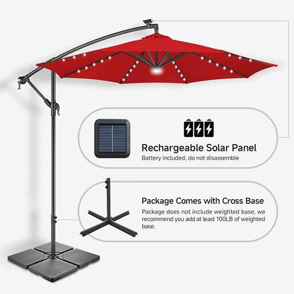 10 ft Solar Patio Umbrella Cantilever with Centre Light, Red | 40 LED Lights, UV Protection, Large Offset Patio Umbrella Outdoor for Garden, Deck, Backyard, Pool, Porch, Provides Shade