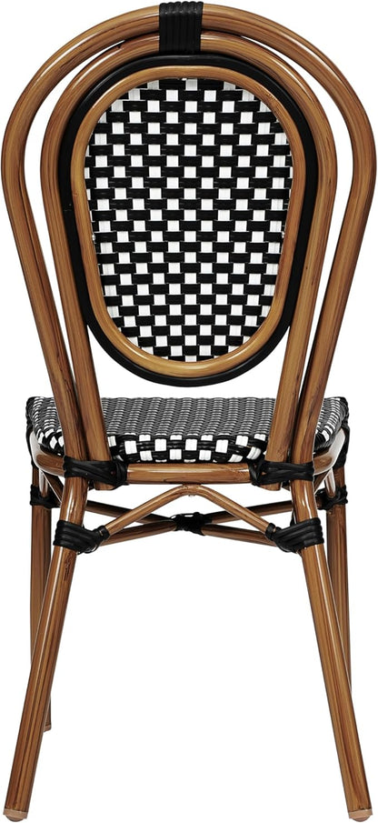 Flash Furniture Lourdes Indoor/Outdoor Commercial Thonet Bistro Stack Chair - Black/White PE Rattan Back and Seat - Natural Bamboo Print Metal Frame