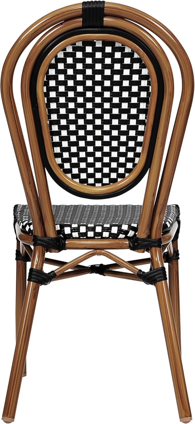 Flash Furniture Lourdes Indoor/Outdoor Commercial Thonet Bistro Stack Chair - Black/White PE Rattan Back and Seat - Natural Bamboo Print Metal Frame - 4 PK