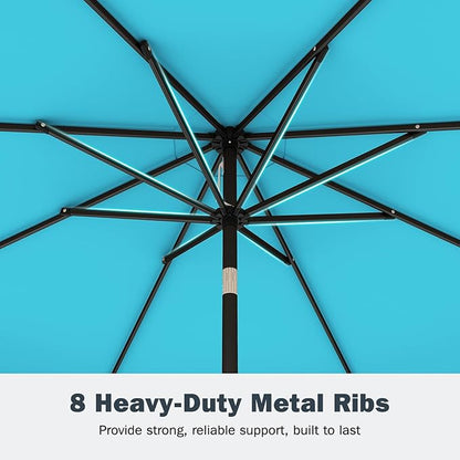 Tangkula 9 FT Patio Umbrella with Base Included, 2-Tiers Outdoor Scalloped Table Umbrella with 2 Sandbags, Tilt Adjustment, Crank, 8 Ribs for Market Backyard Pool Deck Beach Lawn