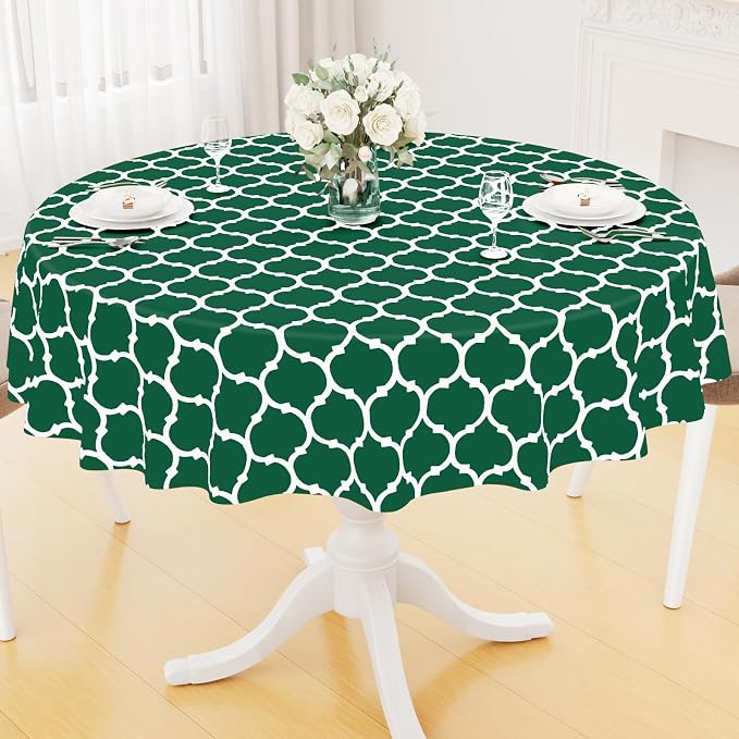 Smiry Round Plastic Table Cloth, Waterproof Vinyl Tablecloth with Flannel Backing for Round Tables, Wipeable & Spillproof for Dining, Camping, Indoor and Outdoor (60" Round, Emerald Green)