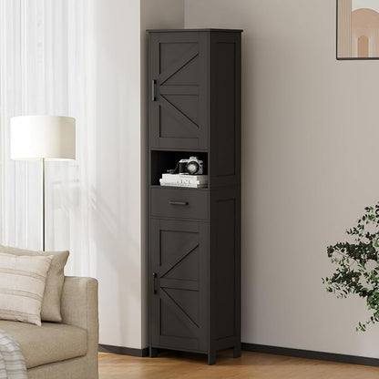 Homhedy 67" H Tall Bathroom Storage Cabinet with Barn Doors and Drawer | Narrow Storage Unit with Adjustable Shelves, Floor Cabinet for Bathroom, Living Room, Entryway or Kitchen, Black, 15.7" W