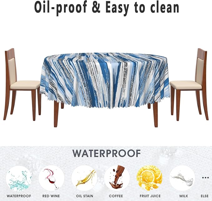 Abstract Striped Round Tablecloth 60 Inch Blue and White Old Texture Grunge Stripes Vintage Mosaic Dust-Proof Circle Table Cover Protector for Home Kitchen Restaurant Picnic Camping BBQ