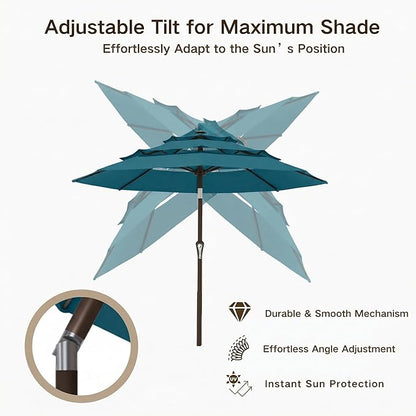 Kingdura 10ft 3-Tier Patio Umbrella, Outdoor Table Umbrella with Easy Crank & Tilt, 8 Reinforced Ribs, UV Protection for Deck, Pool, Market, Backyard (Lake blue)