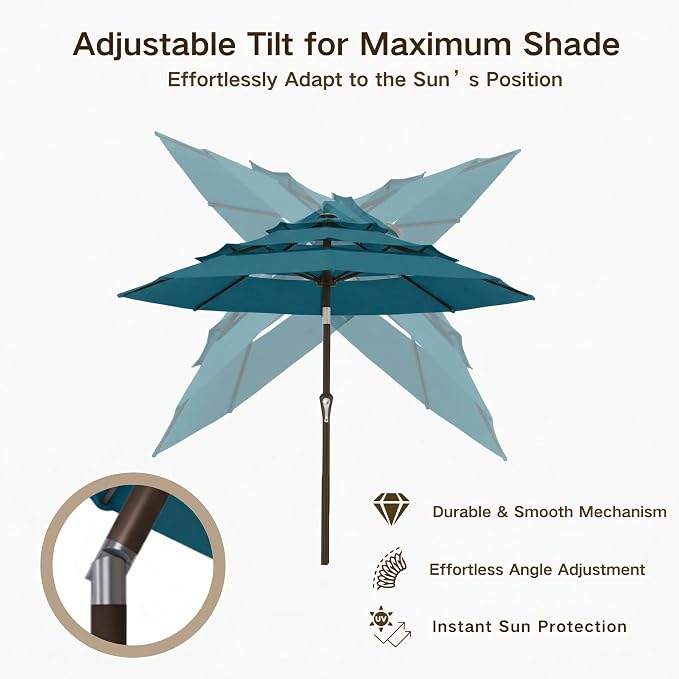 Kingdura 9ft 3-Tier Patio Umbrella, Outdoor Table Umbrella with Easy Crank & Tilt, 8 Reinforced Ribs, UV Protection for Deck, Pool, Market, Backyard (Lake blue)