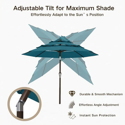 Kingdura 9ft 3-Tier Patio Umbrella, Outdoor Table Umbrella with Easy Crank & Tilt, 8 Reinforced Ribs, UV Protection for Deck, Pool, Market, Backyard (Lake blue)