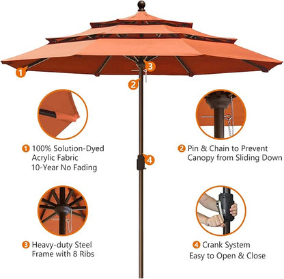 EliteShade USA 10-Year-Non-Fading 10ft 3-Tier Market Patio Umbrella, Commercial Grade Outdoor Table Umbrella with Crank Open, Windproof & UPF 50+ UV Protection, Heavy Duty Ventilation for Garden, Deck, Pool, Backyard, Beach & Bistro, No Tilt, Rust