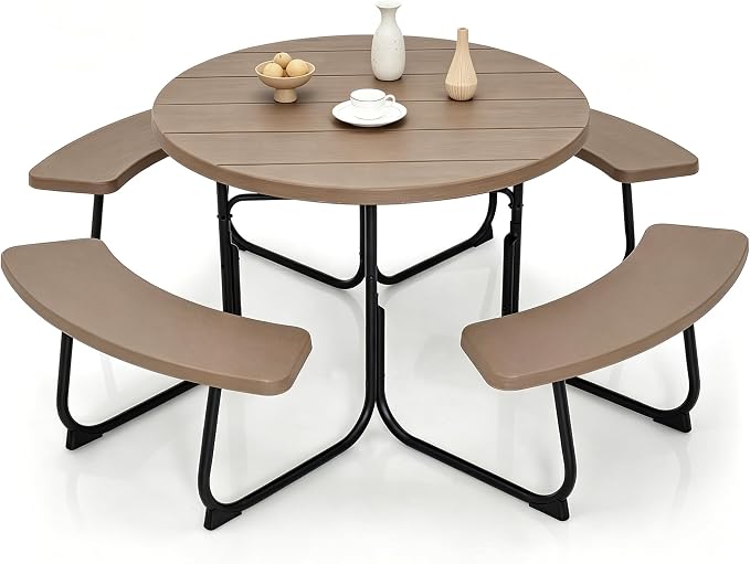 Tangkula 8 Person Picnic Table, Outdoor Round Picnic Table with 4 Built-in Benches, Umbrella Hole, Metal Frame & HDPE Tabletop, Outside Table and Bench Set for Backyard, 2300lbs Weight Capacity