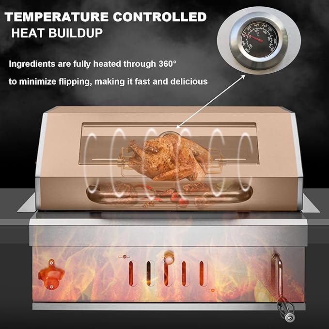 Built-In Stainless Steel Charcoal Grill for Outdoor Kitchen,28 Inch Large Charcoal BBQ Grills with Liftable Tray,Insulated Hood,Temperature Gauge & Cover for Camping,Patio,Park(Glass Square Lid)