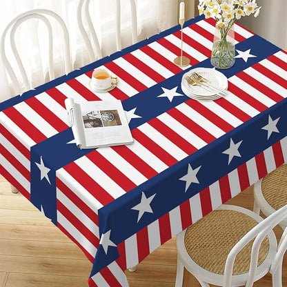 Decorative Rectangle Table Cloths Watercolor Stripes Stars 4th of July Patriotic Memorial Tablecloth Table Cover for Dining/BBQ/Picnic/Coffee Table 52 X 70 Inches