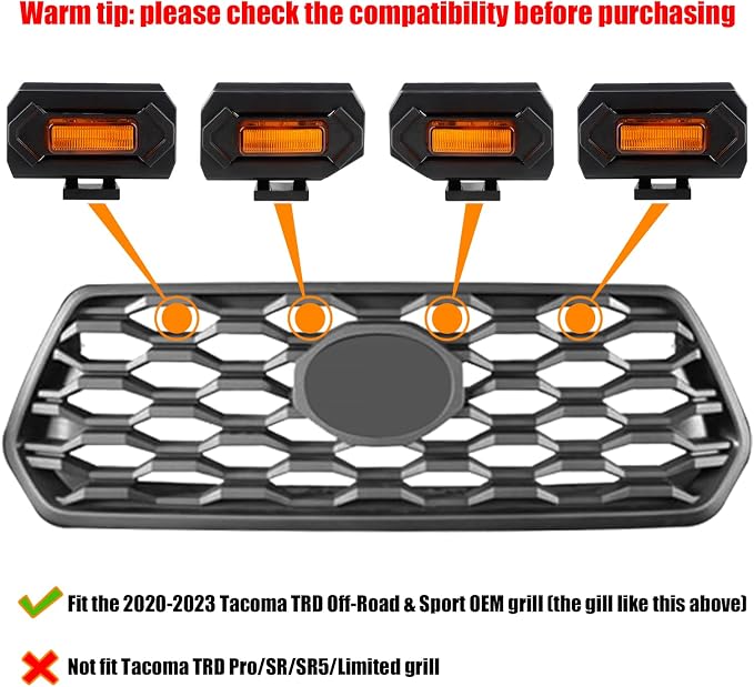 Seven Sparta 4 PCS Grill Led Lights with Fuse Adaptor Compatible with 2020-2023 Toyota Tacoma TRD Off Road & Sport OEM Front Grille, Half-Cover (Amber Light with Amber Shell)