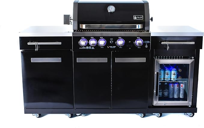 Mont Alpi Premium 70"W x 24"D Black Stainless Steel Compact Outdoor Kitchen Island with Refrigerator + 32"W 4-Burner BBQ Grill with Infrared Rotisserie Burner + Storage Cabinets + Granite Countertops