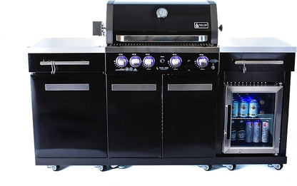 Mont Alpi Premium 70"W x 24"D Black Stainless Steel Compact Outdoor Kitchen Island with Refrigerator + 32"W 4-Burner BBQ Grill with Infrared Rotisserie Burner + Storage Cabinets + Granite Countertops