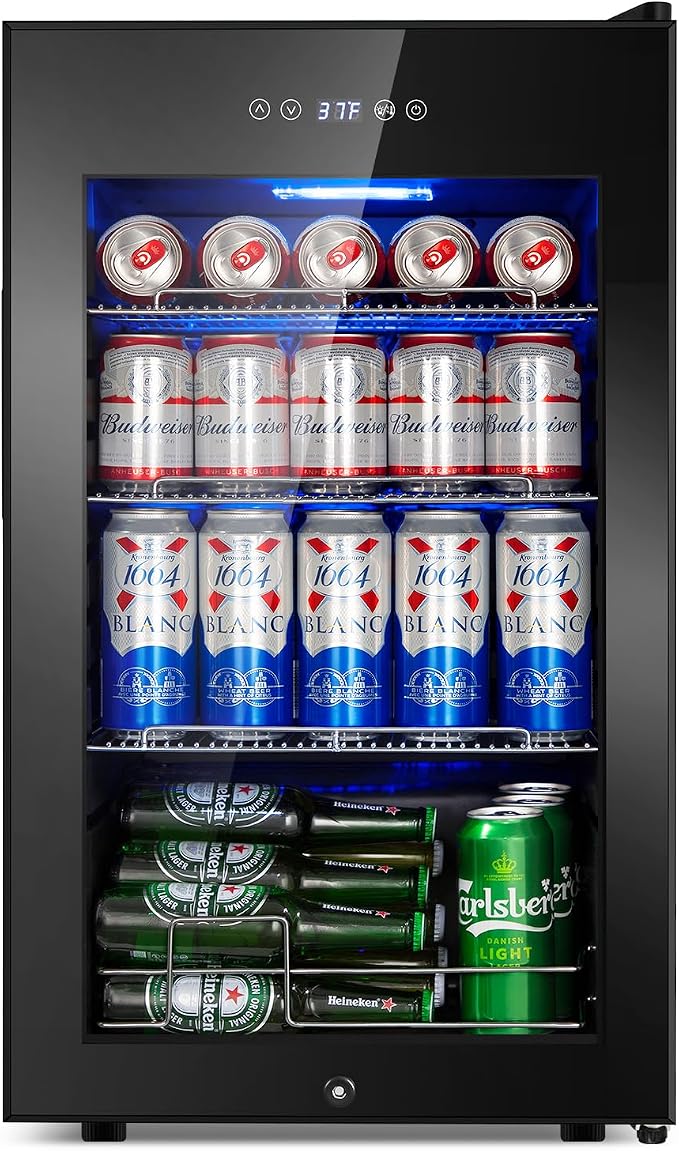 FoMup Beverage Refrigerator 17 inch Wide - 126 Can Beverage Cooler with Glass Door | Counter-Top/Freestanding Mini Beverage Beer Fridge | Temperature Memory | Invisible Door | Perfect for Soda,Beer