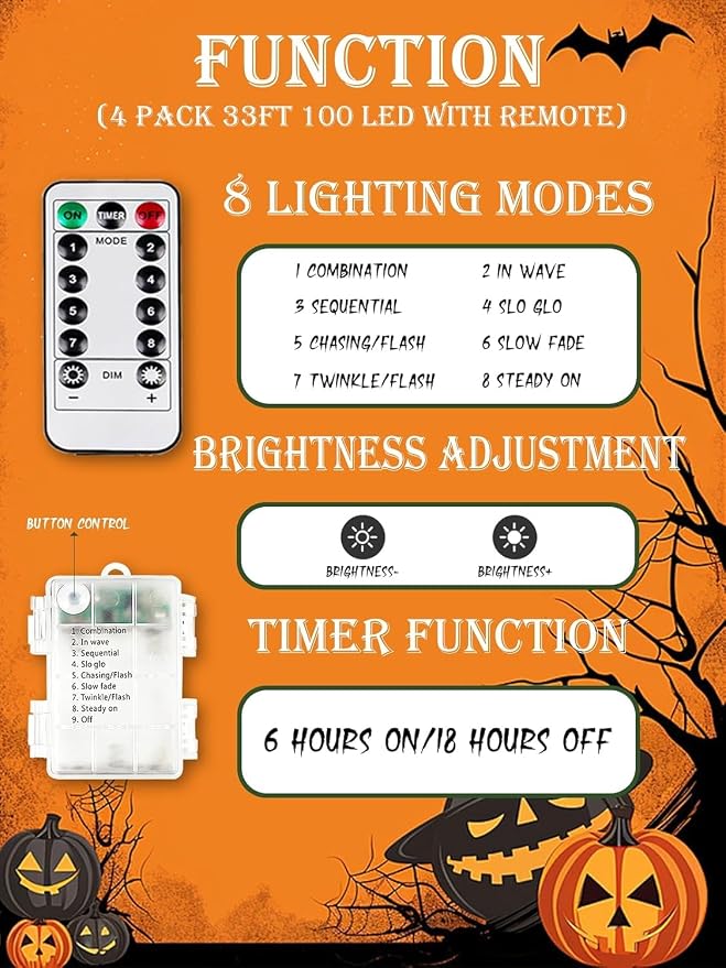 Halloween Fairy String Lights Battery Operated 100 LED 33FT 4 Pack Purple | Timer, 8 Modes, Remote Control, Brightness Adjustable Waterproof Twinkle Lights for Indoor Outdoor Party Cpreepy decorations