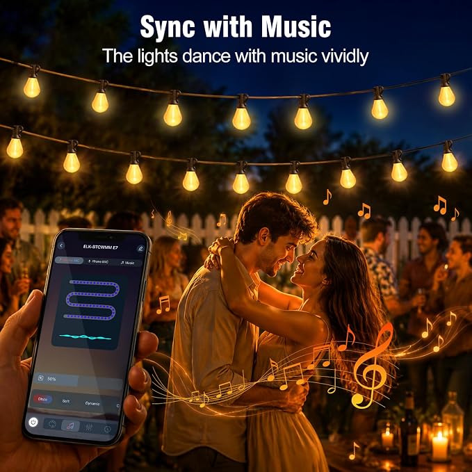 50FT Outdoor String Lights, APP Control Dimmable S08 Edison LED Bulbs, Timer, Bluetooth, IP65 Waterproof, Hanging Patio Lights for Yard Garden Backyard Deck Porch Balcony Camping Party