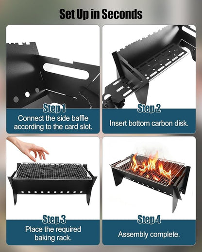 Camping Grill Portable Folding Charcoal Grills with Griddle Grill Grate and Wire Mesh, Compact Picnic BBQ Set for Outdoor Cooking Backyard Tailgating, Easy Setup Camp Gear