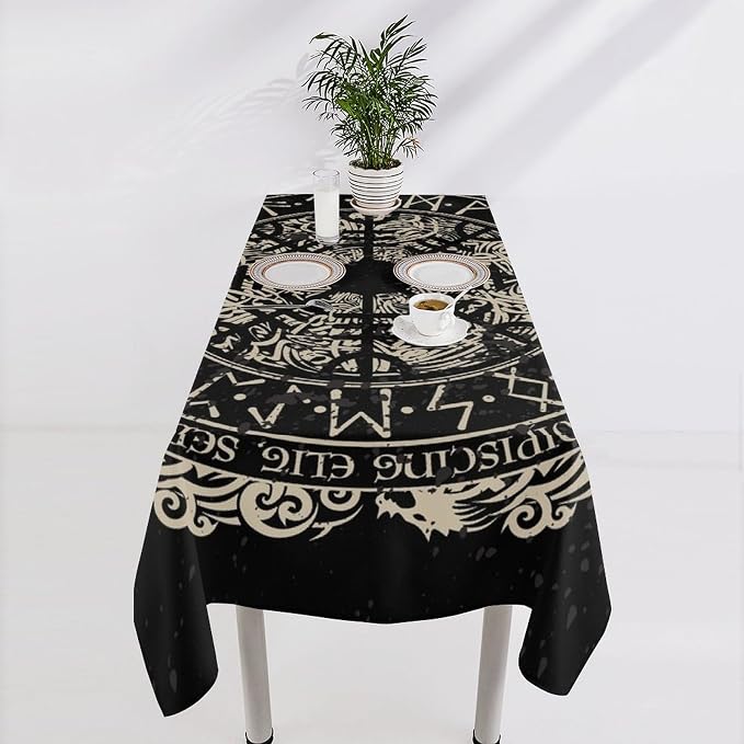 Vintage Viking Pattern Tablecloth, Viking Ancient Runic Helmet of Awe Celtic Dragon Table Cloth Water Resistant Wipeable Table Cover for Farmhouse Party Holiday Kitchen Dinner Table 60x110"