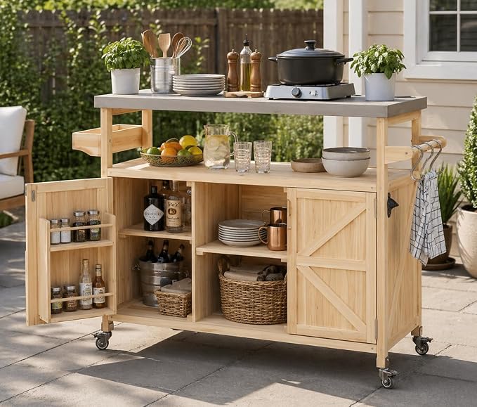 50" Outdoor Kitchen Island Grill Cart with 201 Stainless Steel Top, Solid Fir Wood, Modular Design, Internal Storage & Adjustable Shelves, 4 Lockable Wheels, 400LBS Capacity for Patio BBQ, Natural