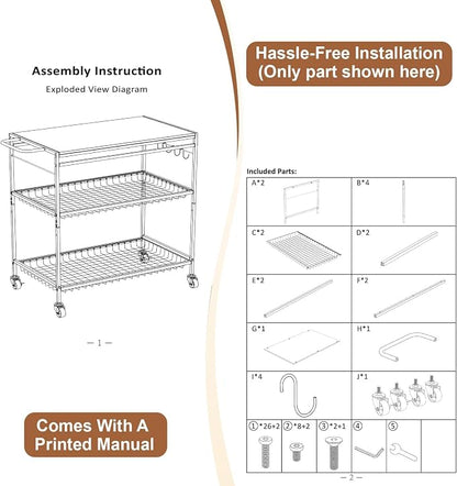 Microwave Kitchen Cart – 3 Tier Rolling Kitchen Utility Cart for Microwave Table Stand, Coffee Cart, Bar Cart, Kitchen Appliance Storage with Adjustable Shelf & Lockable Wheels, 34.25" L x 33.46" H